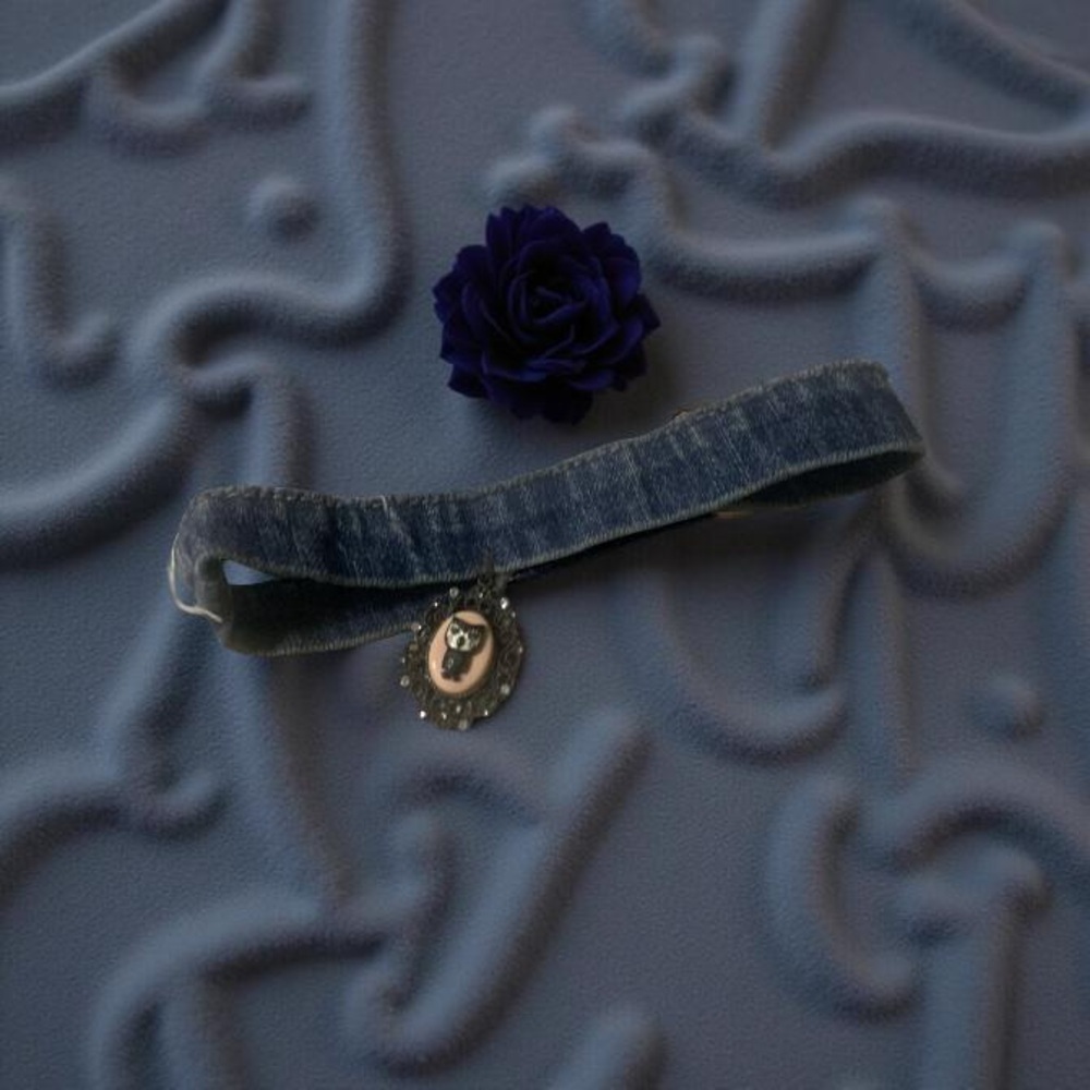 Denim Choker Necklace with owl 🦉 Pendant